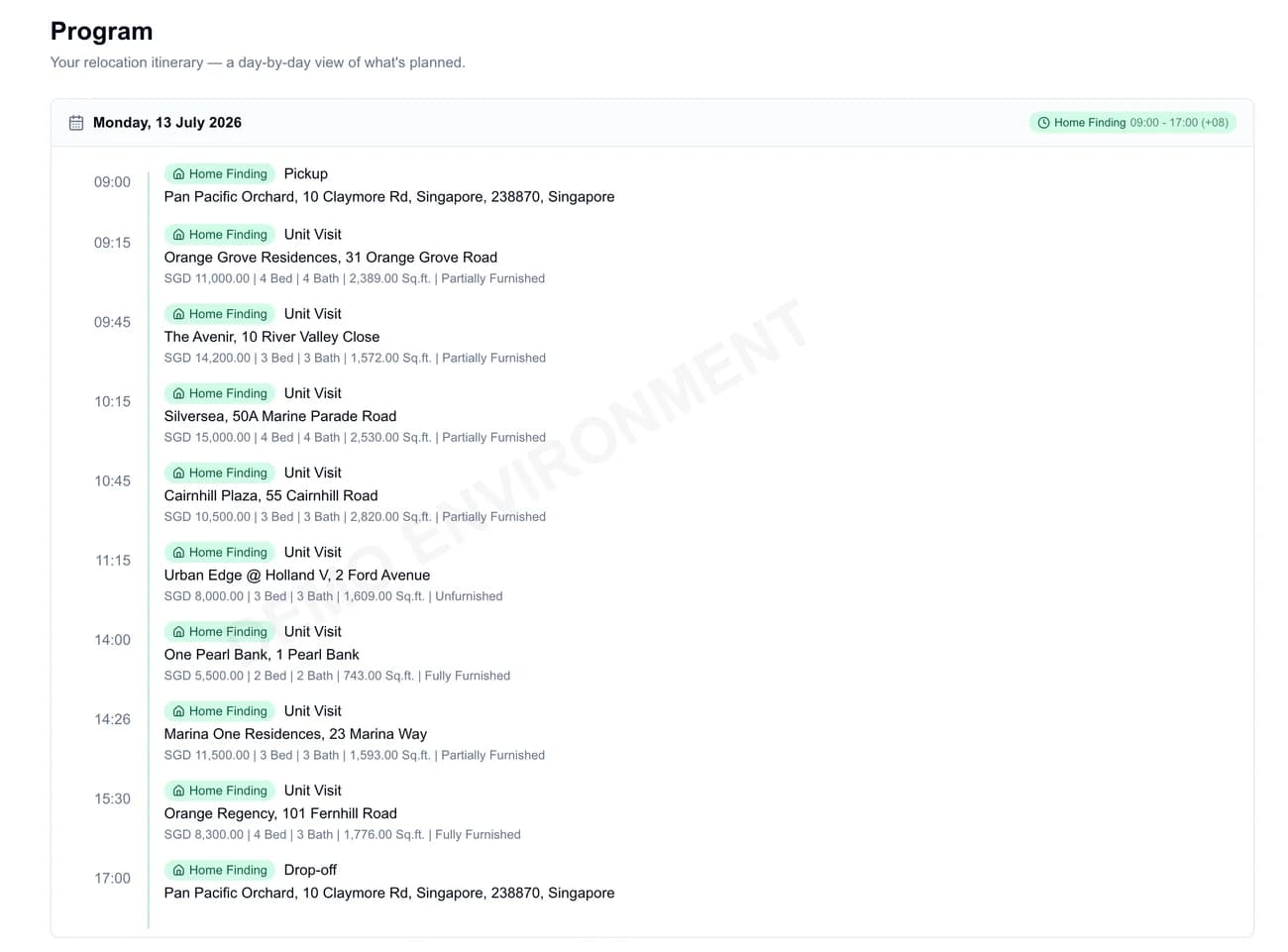 Assignee program showing a day of property viewings with scheduled times and locations in the demo environment.