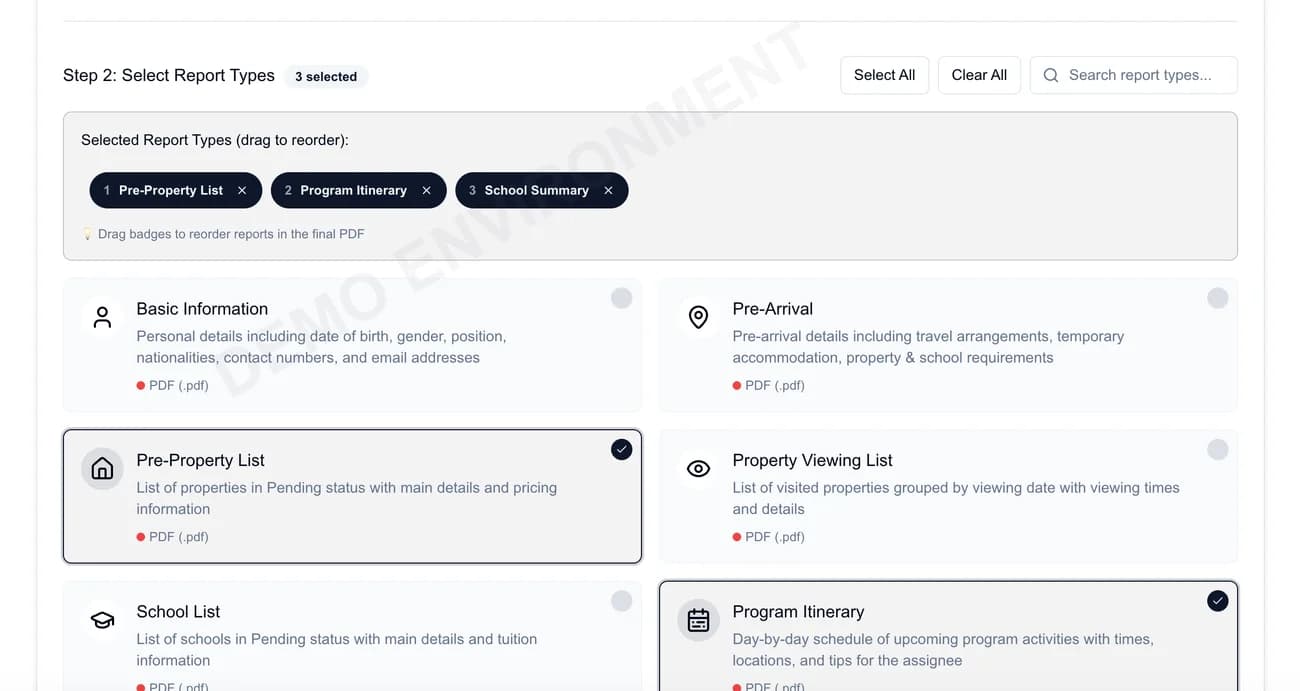Relobot report builder with selected pre-property list, itinerary, and school summary report sections.